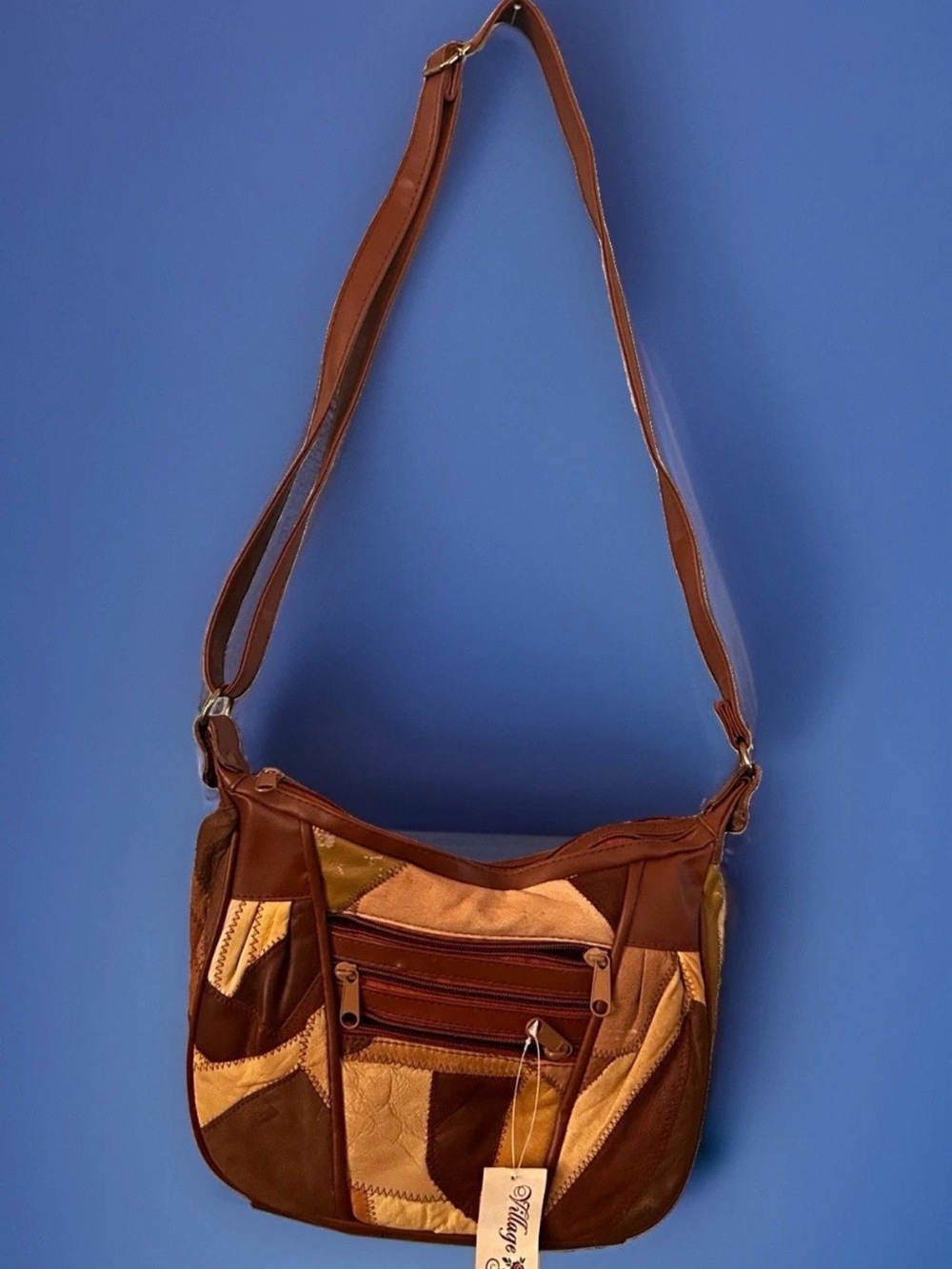 Vintage Genuine Leather Brown And Tan Patchwork Crossbody Bag